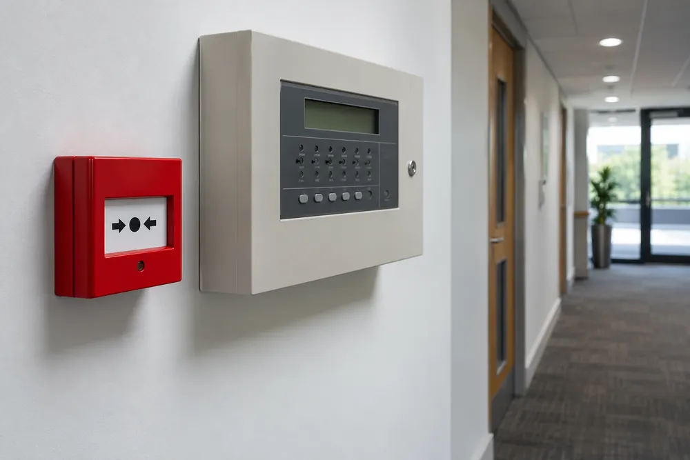 Fire alarm control panel and red manual call point on a Cardiff office corridor wall