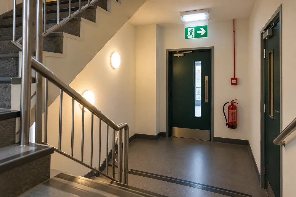 Illuminated exit sign above a door beside a Cardiff stairwell landing