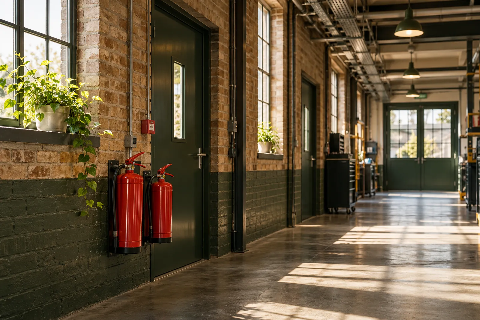 Wall-mounted fire extinguishers beside a clear brick-lined workshop aisle in Cardiff
